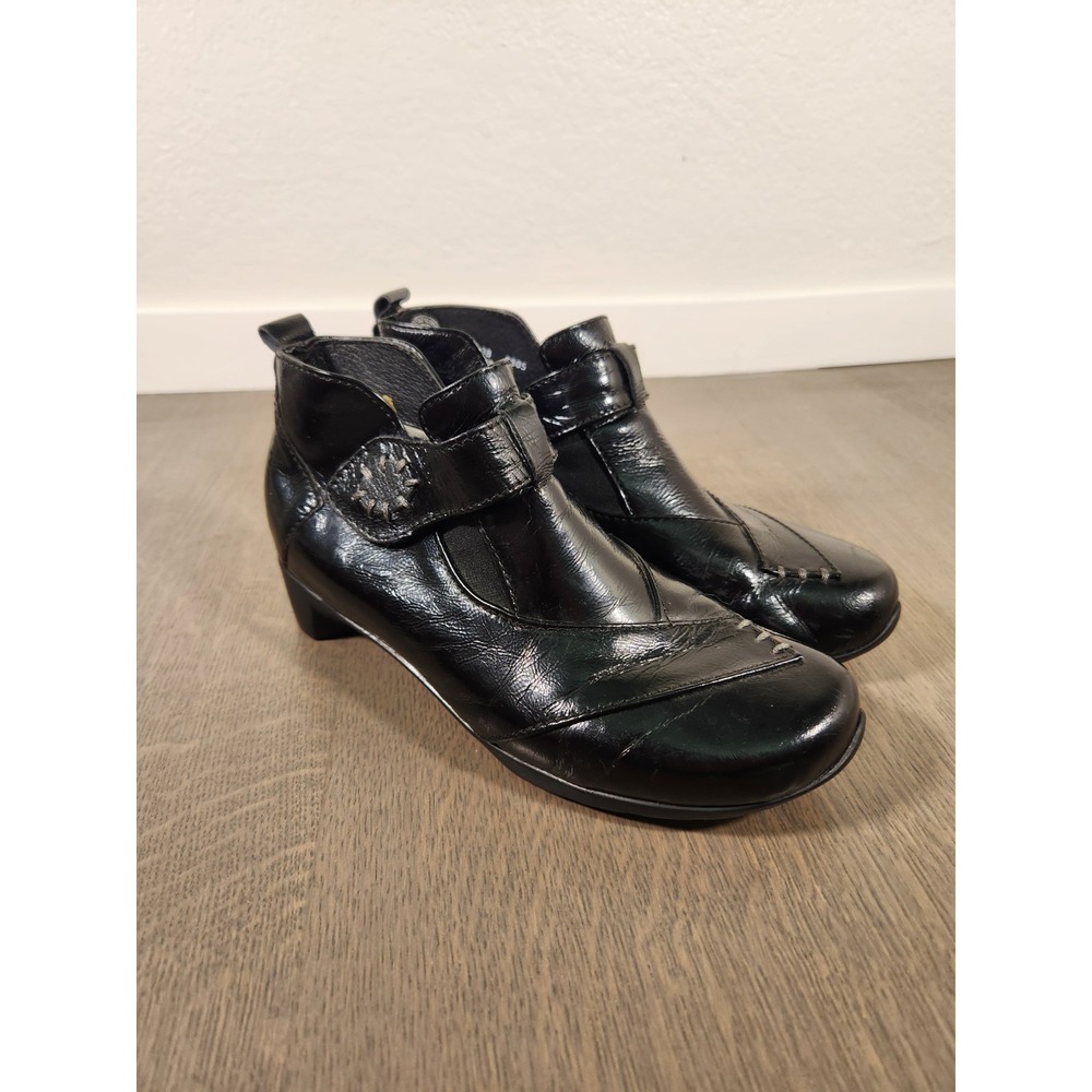 Wolky 38 7 Ankle Boot Womens Black Patent Leather Namibia Snap Booties Shoes